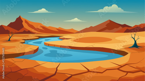 The parched reservoir resembled a lifeless wasteland its barren shores a stark reminder of the severity of the water scarcity crisis.. Vector illustration