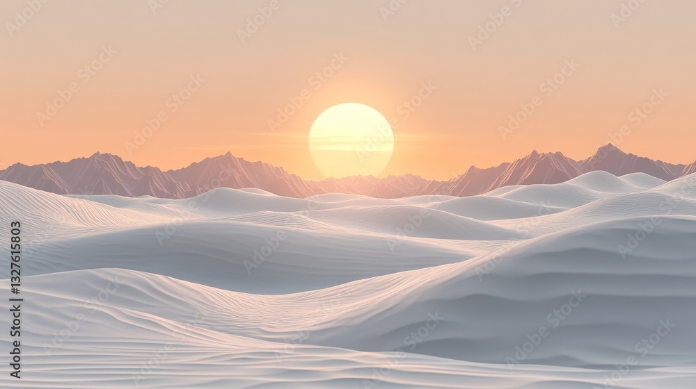 A calm desert landscape of rolling sand dunes in orange and beige, with a large, soft sun setting behind distant mountains A calm desert landscape of rolling sand dunes in orange and beige, with a large, soft sun setting behind distant mountains