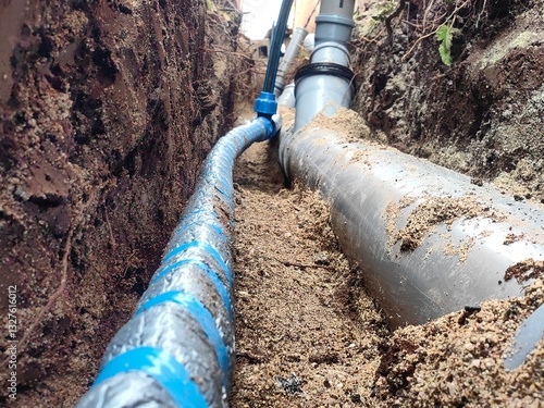 Water supply hose laid on sand next to plastic sewer pipes in the ground for sewage and rainwater drainage
