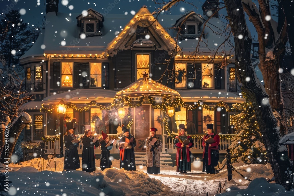 Obraz premium A group of carolers stand in front of a beautiful, snow-covered Victorian house, singing Christmas carols under a falling snow, A group of carolers singing in front of a beautifully decorated house