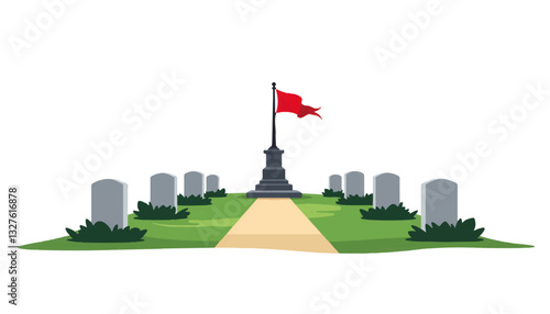 Graveyard with monument and red flag surrounded by tombstones