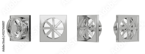 Silver Fan Set on Black Background. Industrial Metallic Ventilator. Cooling Object PNG. Isolated Transparent.