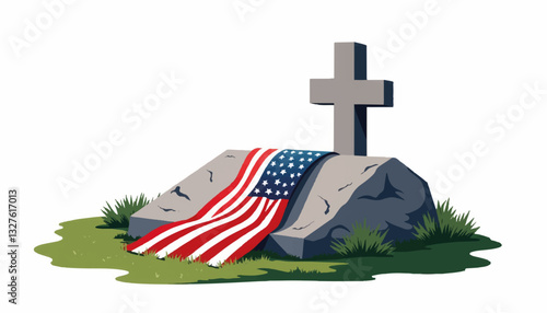 Memorial cross with American flag on stone grave