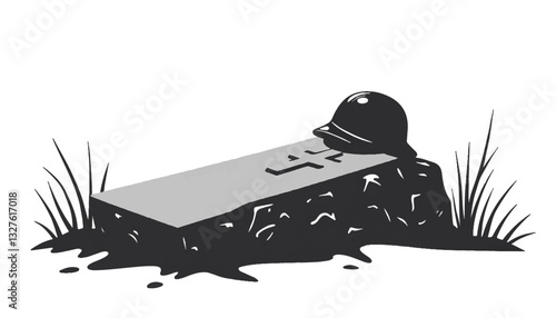 Gravestone with soldier's helmet on grassy ground