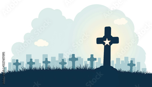 Gravestones in silhouette against a cloudy sky