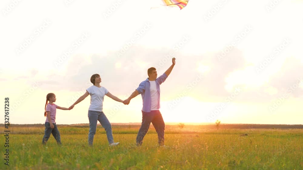 Mother father and daughter playing flying kite at sunset natural field green grass. Happy family parents and girl kid child holding hands relaxing together outdoor meadow flight toy entertainment Mother father and daughter playing flying kite at sunset natural field green grass. Happy family parents and girl kid child holding hands relaxing together outdoor meadow flight toy entertainment