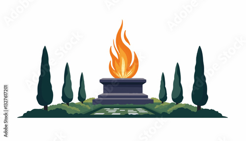 Flame monument surrounded by green cypress trees