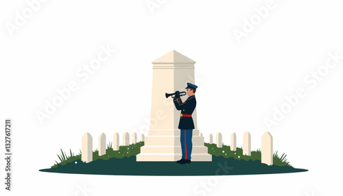 Soldier playing bugle at memorial monument