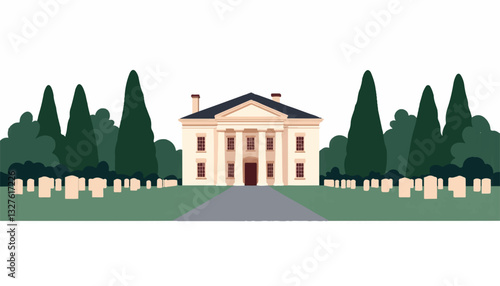 Illustration of a historic house with surrounding trees and graves