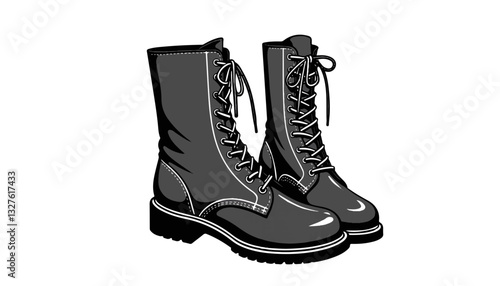 Stylish black combat boots on white background