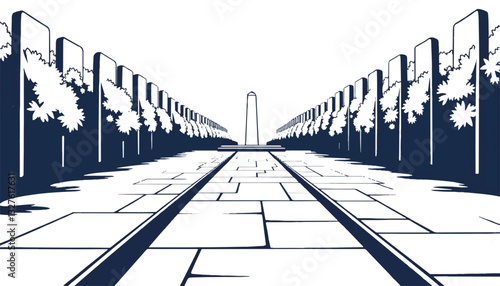 Abstract illustration of a pathway with trees and an obelisk