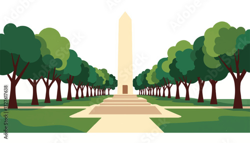 Stylized obelisk surrounded by trees in green landscape