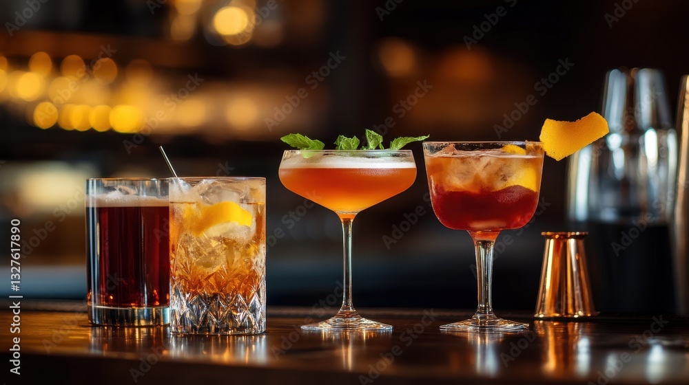 Of a Chic bar lounge cocktail selection with elegant glassware, minimalist decor, and moody warm lighting Of a Chic bar lounge cocktail selection with elegant glassware, minimalist decor, and moody warm lighting