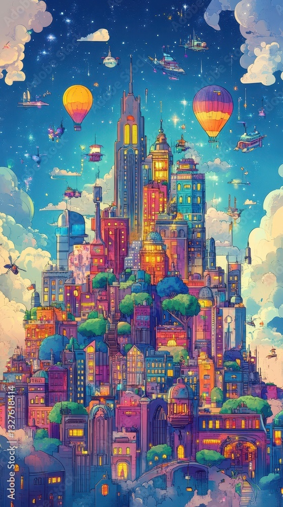 Obraz premium A colorful fantasy city with vehicles floating through the night sky
