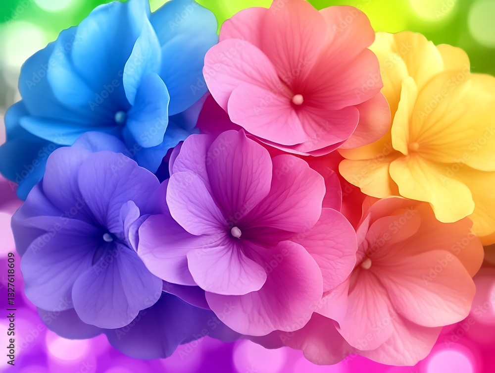 Radiant rainbow hydrangea blooms, showcasing vibrant color harmony and elegance Radiant rainbow hydrangea blooms, showcasing vibrant color harmony and elegance