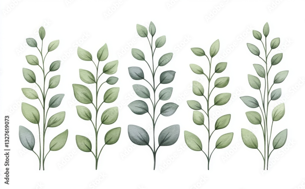 Obraz premium A tranquil picture portrays delicate green foliage and white flowers intertwined, creating a soothing atmosphere. The light pastel background accentuates the scene's natural beauty