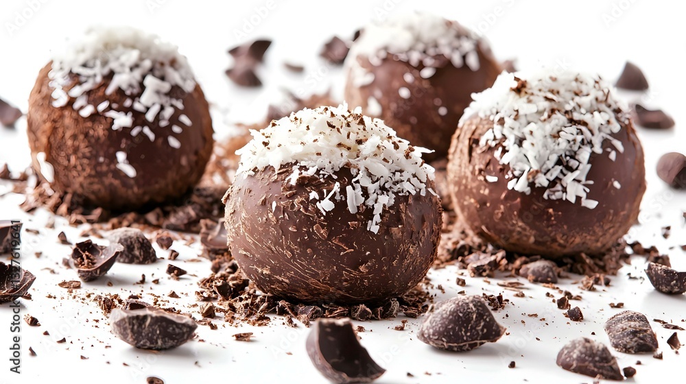 Delicious Chocolate Coconut Truffles Isolated on White Background Delicious Chocolate Coconut Truffles Isolated on White Background