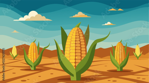 The sight of parched corn cobs in the dry field was a somber image that reflected the harsh reality of a failed crop and the struggle for survival.. Vector illustration