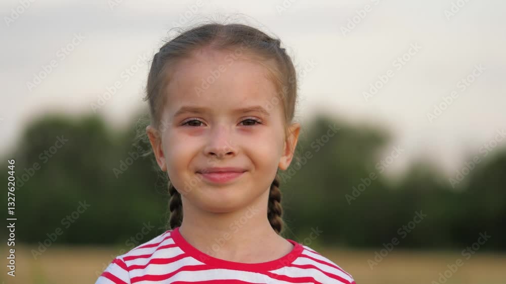 Smiling cute little girl face posing outdoor countryside park nature landscape closeup. Portrait happy female adorable kid child relaxing at agriculture wheat field enjoy childhood and freedom Smiling cute little girl face posing outdoor countryside park nature landscape closeup. Portrait happy female adorable kid child relaxing at agriculture wheat field enjoy childhood and freedom