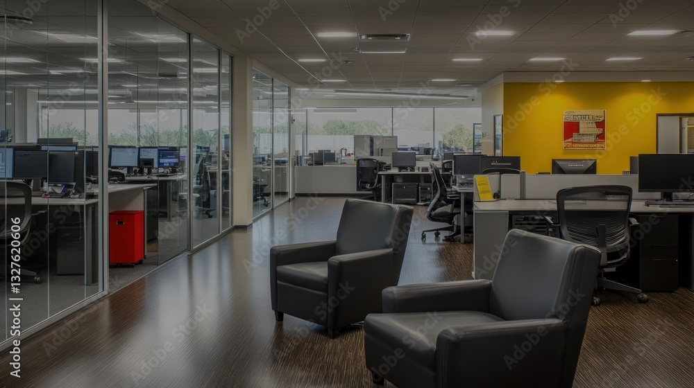Fototapeta premium Modern office interior showcases open workspace and lounge area