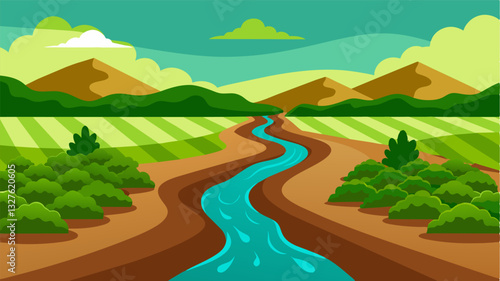 The once vibrant green fields that bordered the river now lie brown and wilted a testament to the struggle of farmers to keep their crops alive without sufficient water.. Vector illustration