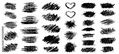 Set of black paint, ink brush strokes, brushes, lines. Dirty artistic design elements, boxes, frames for text. Vector illustration