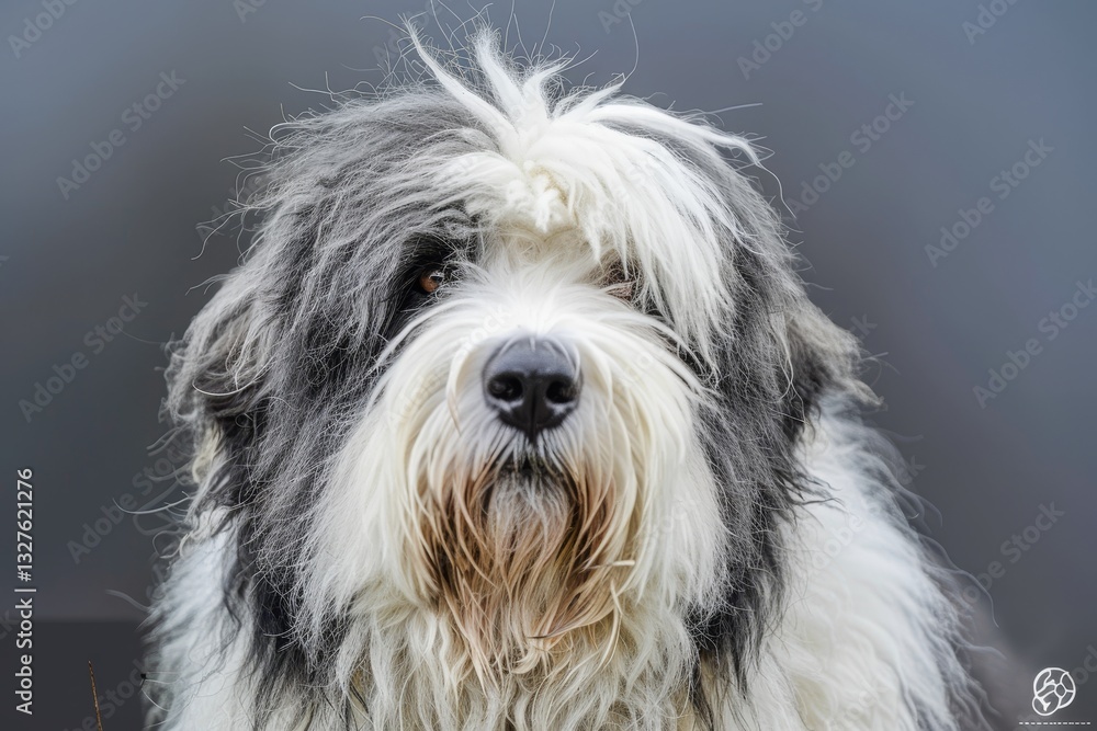 A close-up portrait of an Old English Sheepdog with a distinctive shaggy coat and a thoughtful expression, A shaggy old english sheepdog with a wise expression A close-up portrait of an Old English Sheepdog with a distinctive shaggy coat and a thoughtful expression, A shaggy old english sheepdog with a wise expression