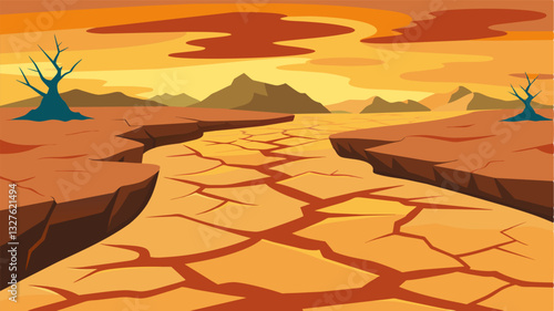 The parched and cracked ground of the riverbed could hardly support any life a grim reality of the prolonged drought.. Vector illustration
