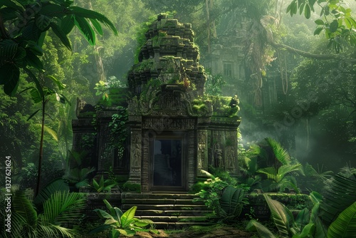 Fototapeta Naklejka Na Ścianę i Meble -  A weathered stone temple stands amidst a dense, verdant jungle, sunlight filtering through the canopy, An ancient temple surrounded by lush jungle vegetation