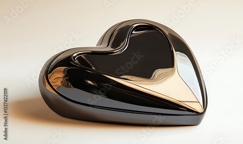 A shiny black decorative heart object sits on a smooth surface