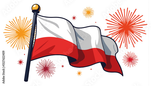 Polish flag waving with fireworks in the background