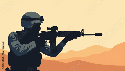 Soldier aiming rifle in desert landscape