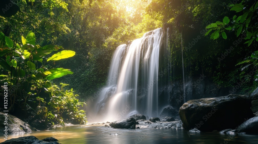 Of a Hidden waterfall surrounded by dense jungle with sparkling water catching the summer sunlight Of a Hidden waterfall surrounded by dense jungle with sparkling water catching the summer sunlight