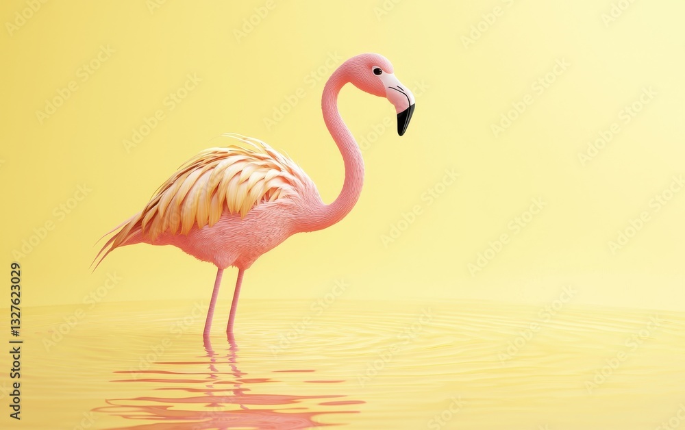 Obraz premium Baby flamingo standing in a pond, on a pastel yellow background
