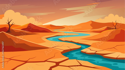 The once serene riverbed was now a harsh and unforgiving sight with its cracked earth reflecting the intensity of the drought.. Vector illustration