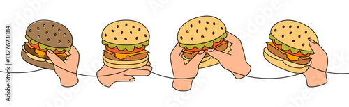 Hands holding a burgers one line colored continuous drawing. Traditional American fast food. Takeaway snack.