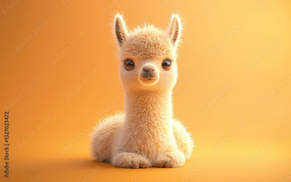 Fototapeta premium Baby llama with fluffy fur, on a pastel orange background