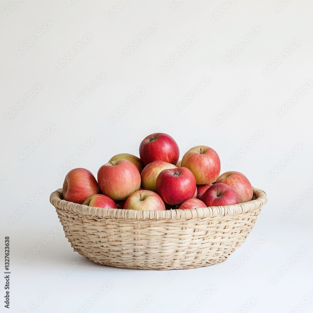 Freshly harvested apples piled in a rustic woven basket against a minimalist background Freshly harvested apples piled in a rustic woven basket against a minimalist background