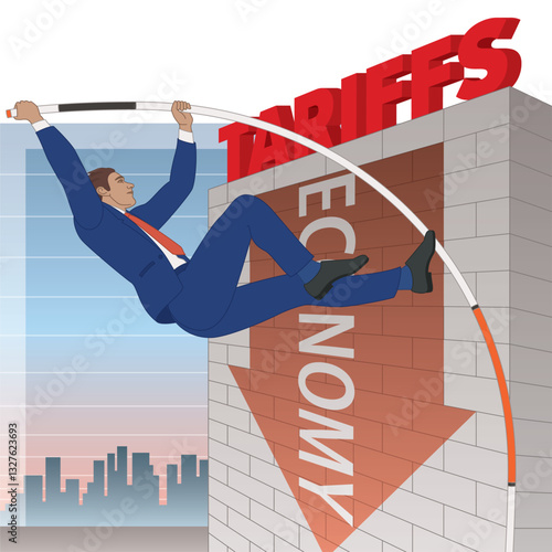 business man pole vaulting over a high wall of tariffs with the economy pointing downward, sky and building skyline in background