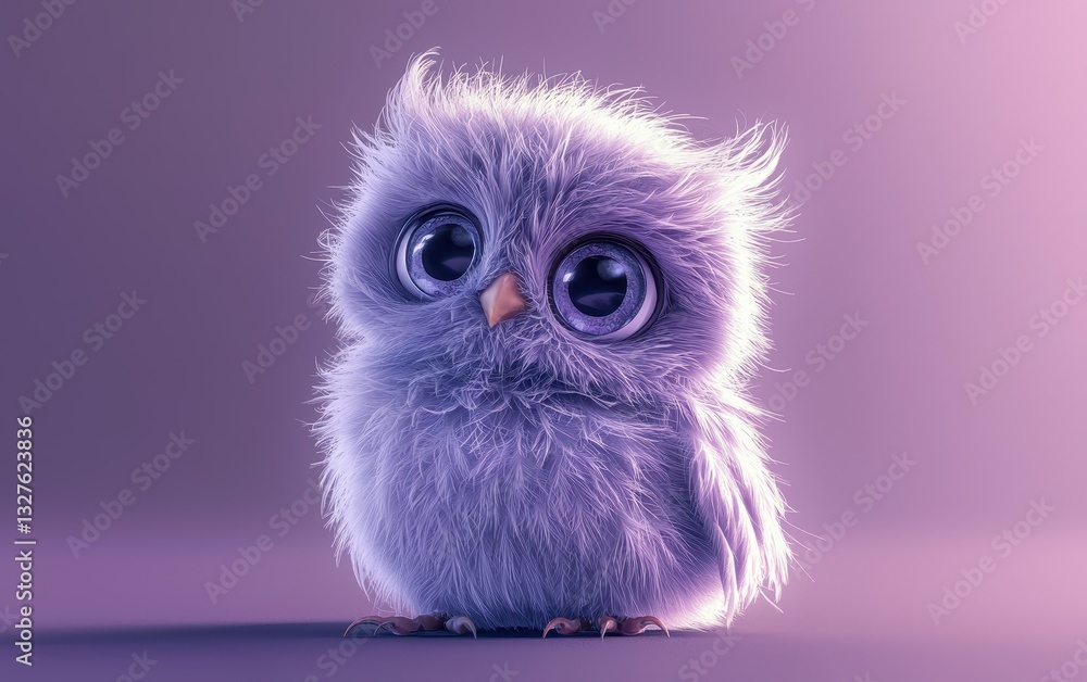 Fototapeta premium Baby owl with fluffy feathers, sitting on a pastel purple background