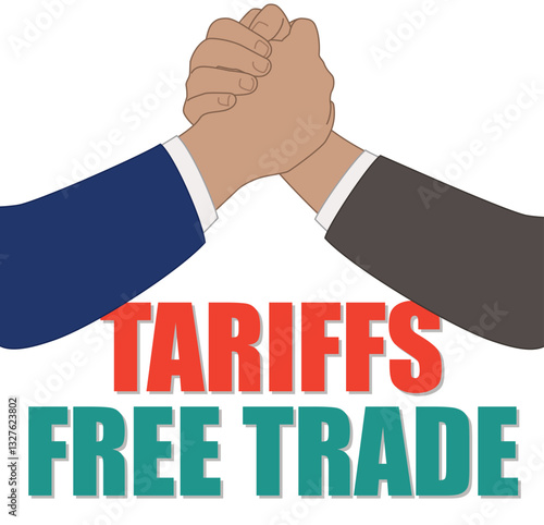 business men closeup of arm wrestling between tariffs and free trade isolated on a white background