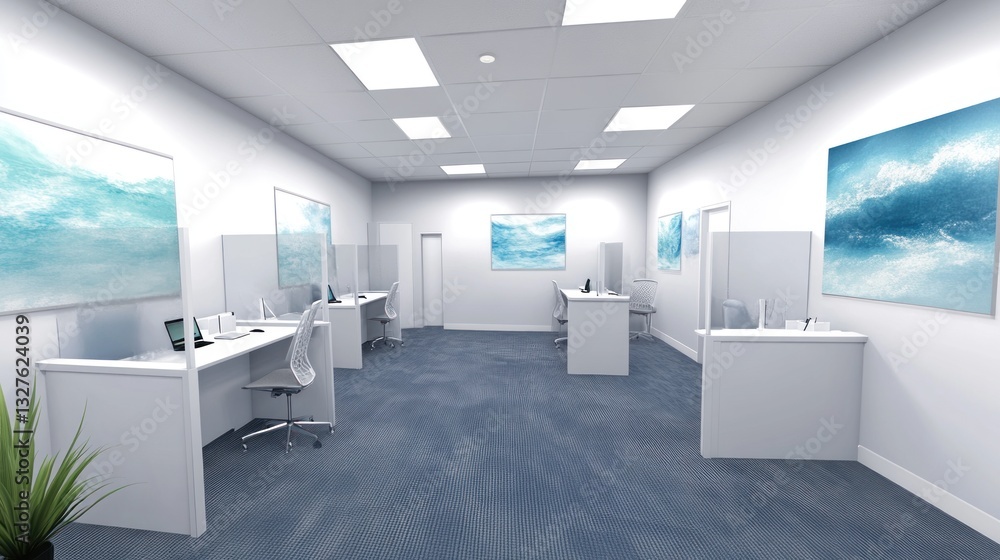 Clean modern office space features white desks and blue carpet Clean modern office space features white desks and blue carpet