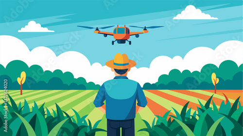 The use of precision drone spraying reduces labor costs as the drone can quickly and effectively cover large areas minimizing the need for manual spraying.. Vector illustration