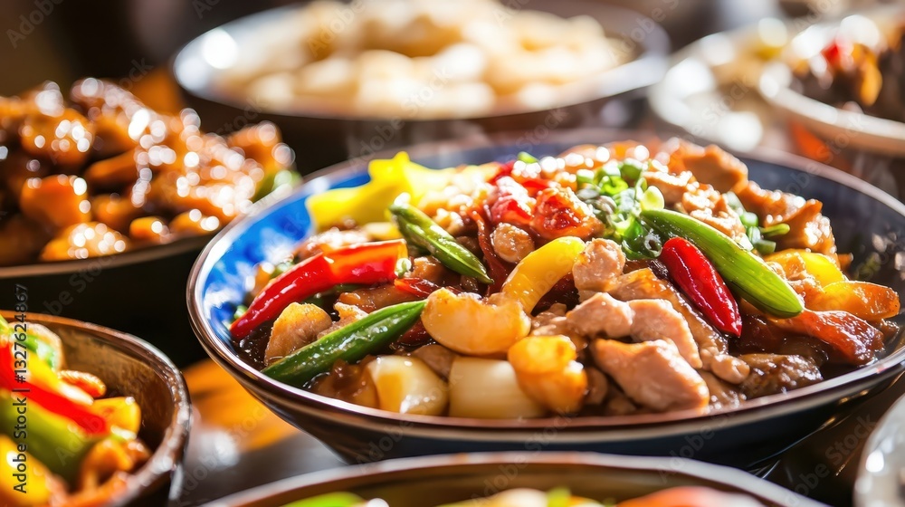 Delicious stir-fried vegetables and chicken served in a colorful bowl at a bustling dining table during a family meal Delicious stir-fried vegetables and chicken served in a colorful bowl at a bustling dining table during a family meal