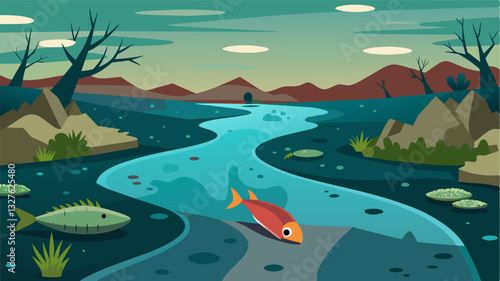 The once crystalclear river now resembles a murky swamp its oxygen levels depleted and its ecosystem thrown into disarray. Dead fish are tered throughout their limp bodies a stark. Vector illustration