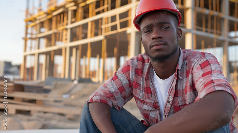 Obraz premium Portrait of a tired african american builder wearing red hardhat sitting and resting during break at construction site