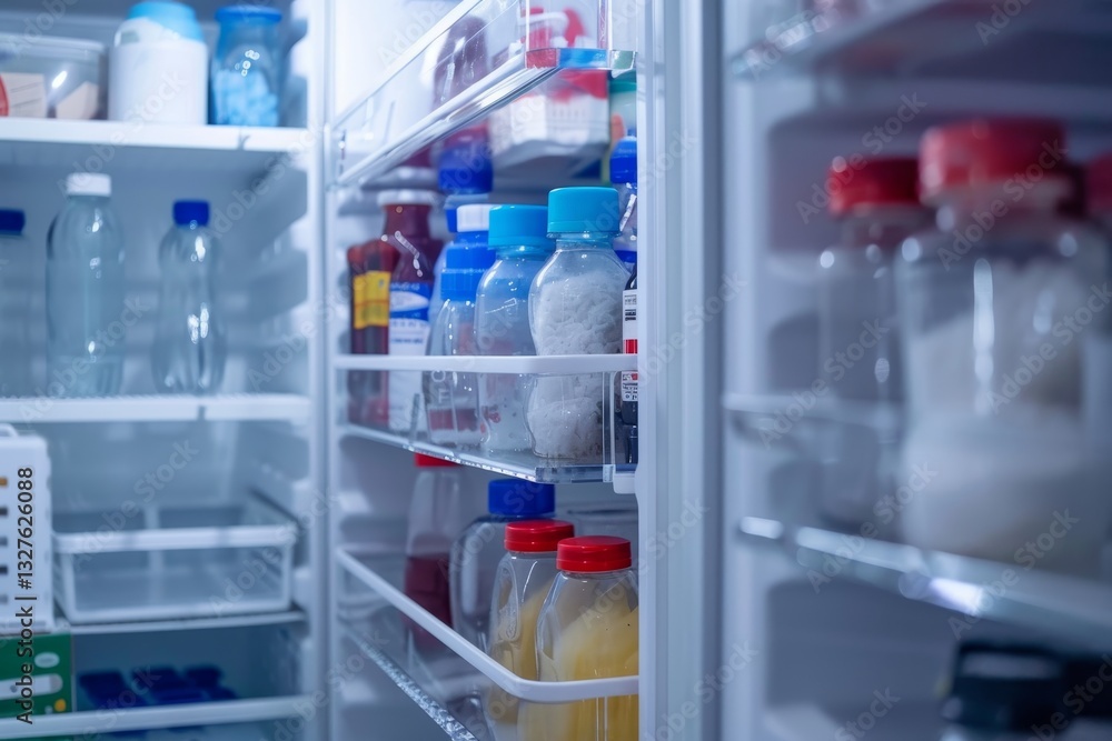 An open refrigerator door reveals neatly arranged bottles and containers on the shelves, Regularly monitoring and documenting refrigerator and freezer temperature logs An open refrigerator door reveals neatly arranged bottles and containers on the shelves, Regularly monitoring and documenting refrigerator and freezer temperature logs