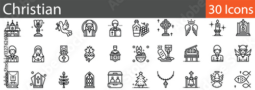 Christian Line Icons Set. Collection of 30 outline icons representing faith, religion, church, and biblical symbols. Editable stroke vector illustration.