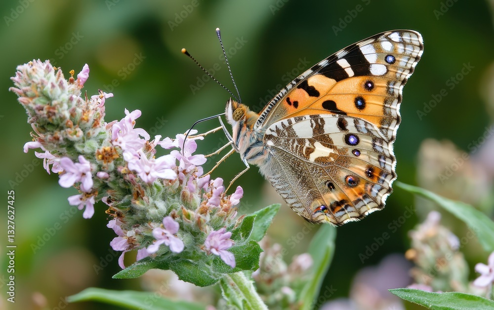 Of a macro nature close-up of a small flower with a butterfly landing on it