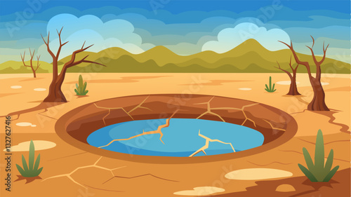 The once lush pond now a mere indentation in the dry earth serves as a reminder of the devastating effects of drought on farming.. Vector illustration